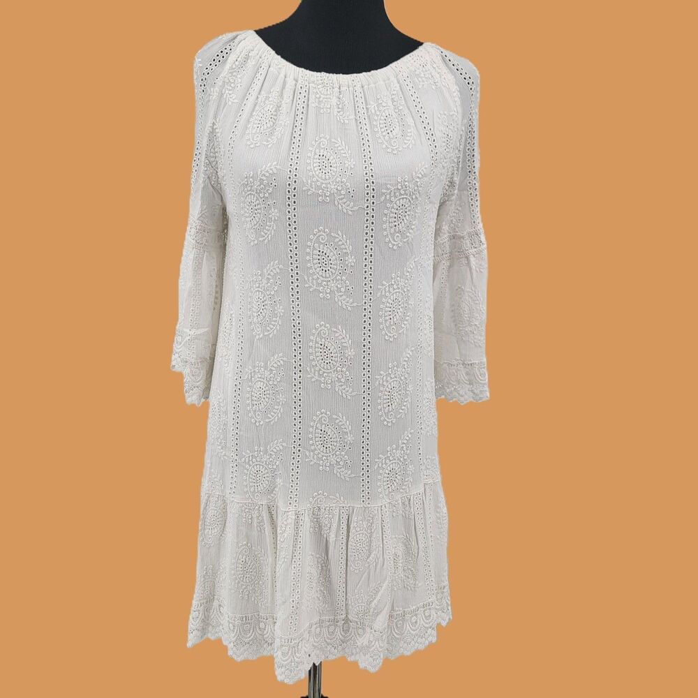 Womens White Eyelet & Lace Long Sleeve 100% Viscose Lined Dress On/Off Shoulder